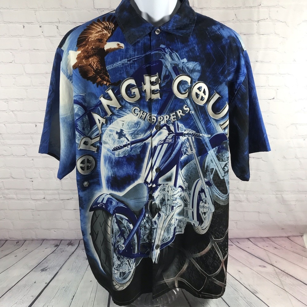 Orange County Choppers Shirt Men XL All Over Print Motorcycle Eagle Button Up SS